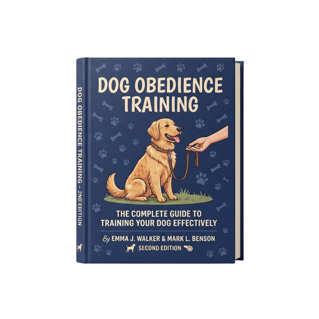 Golden retriever sitting on grass with a hand holding a leash, book cover titled Dog Obedience Training