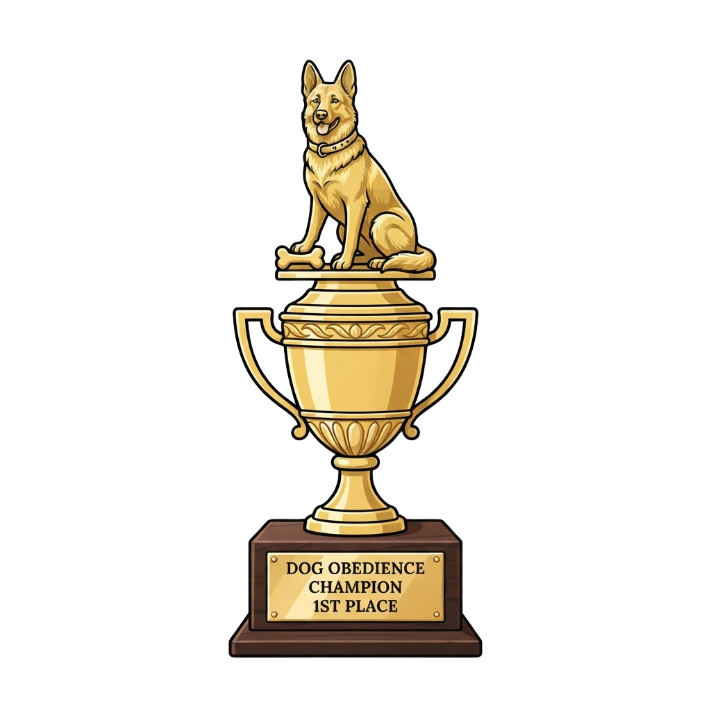 Golden trophy with a German Shepherd statue sitting atop, labeled Dog Obedience Champion 1st Place