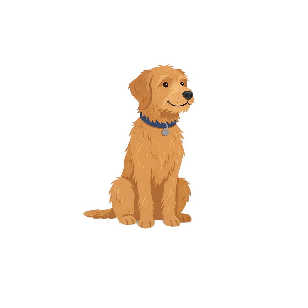 A cheerful golden-colored puppy sitting and looking directly at the viewer with a blue collar.