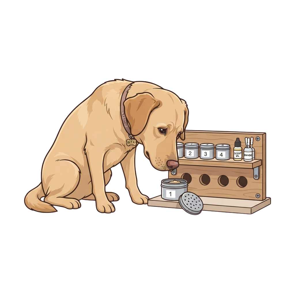 A light brown dog sitting and sniffing at a container labeled number one in a multi-compartment sample storage unit