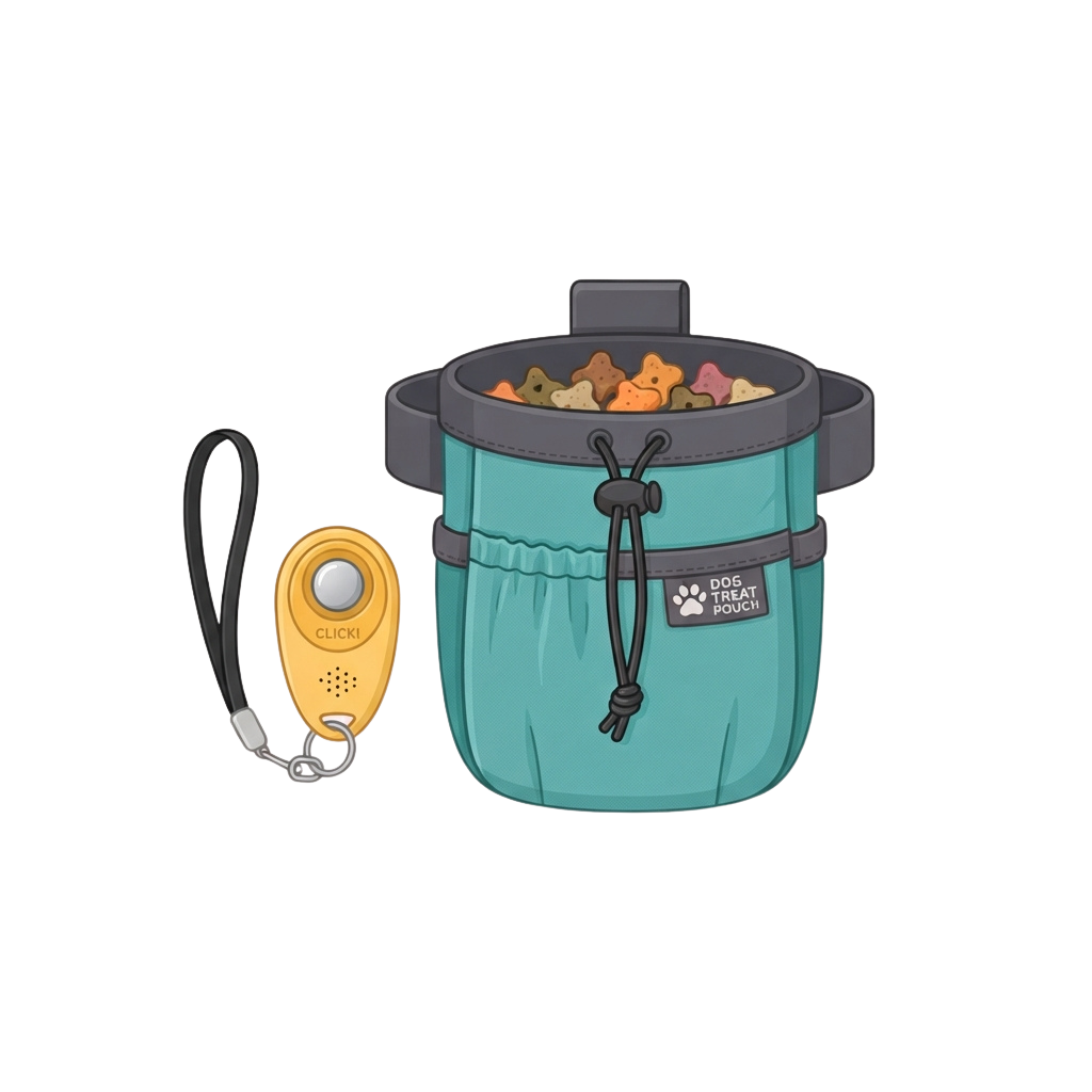 Illustration of a teal dog treat pouch with a clicker toy attached by a wrist strap
