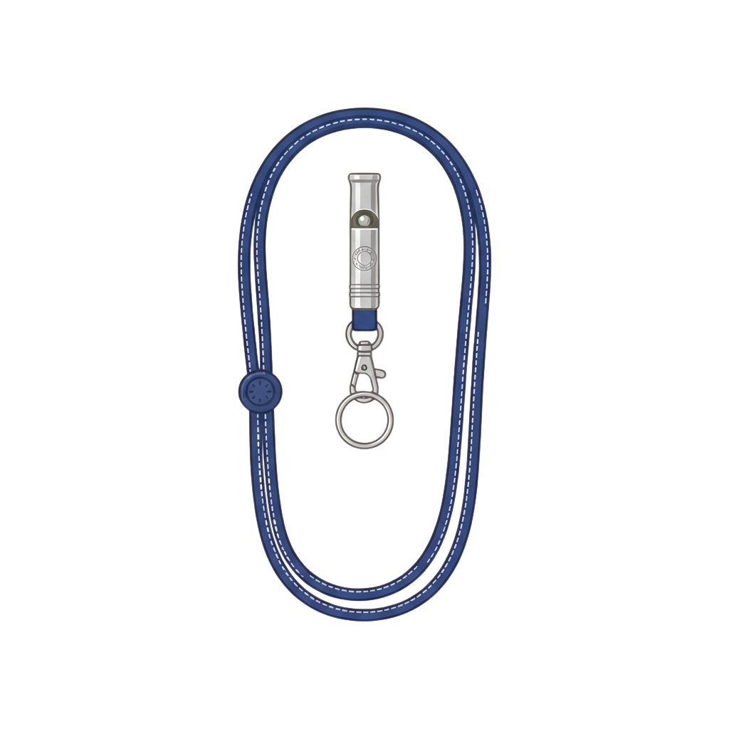 A blue braided leash with a metal carabiner and attached whistle on a black background