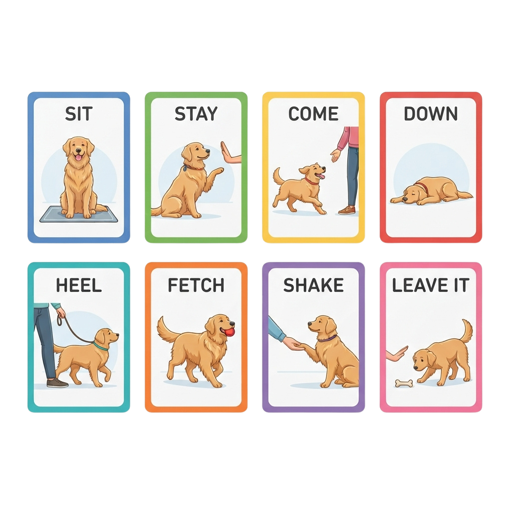 Eight illustrated cards showing dog commands: Sit, Stay, Come, Down, Heel, Fetch, Shake, Leave It