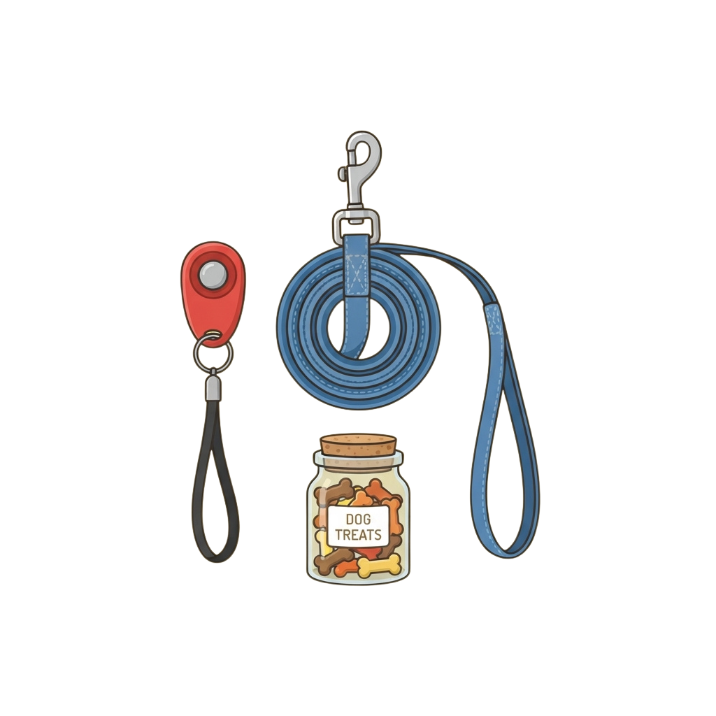 Illustration of a blue retractable dog leash, red clicker, and jar of dog treats