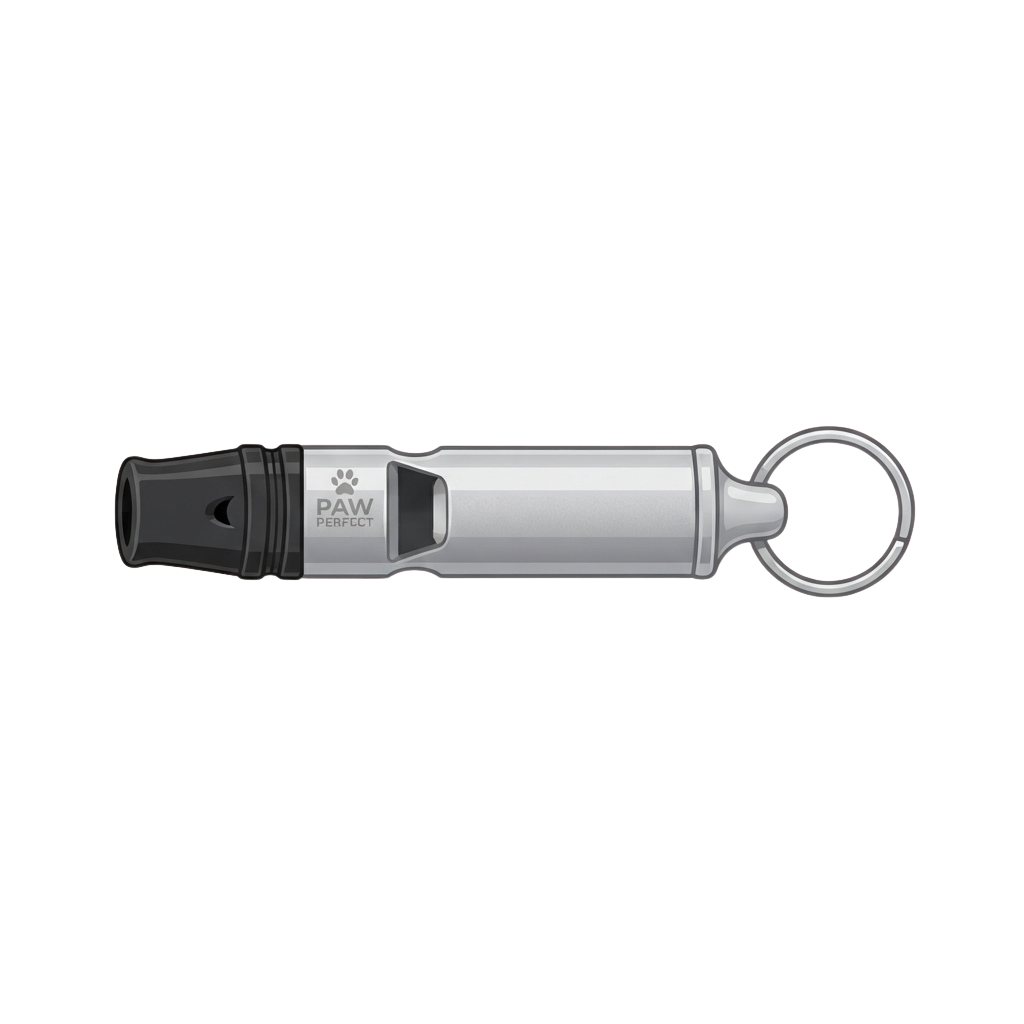 A compact keychain whistle with a paw print logo and metallic keyring attachment