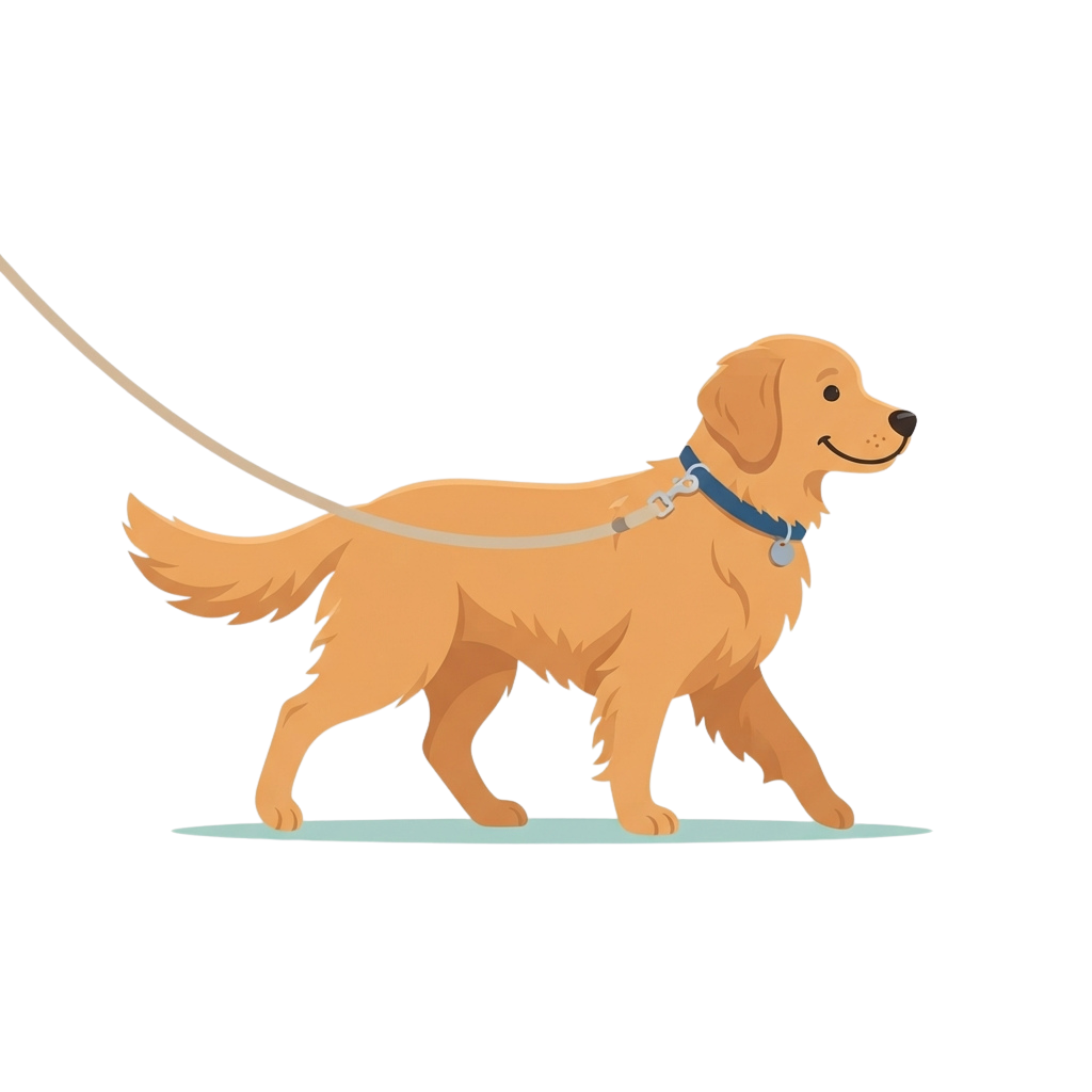 A cheerful golden-colored dog walking on a leash with a blue collar and tag