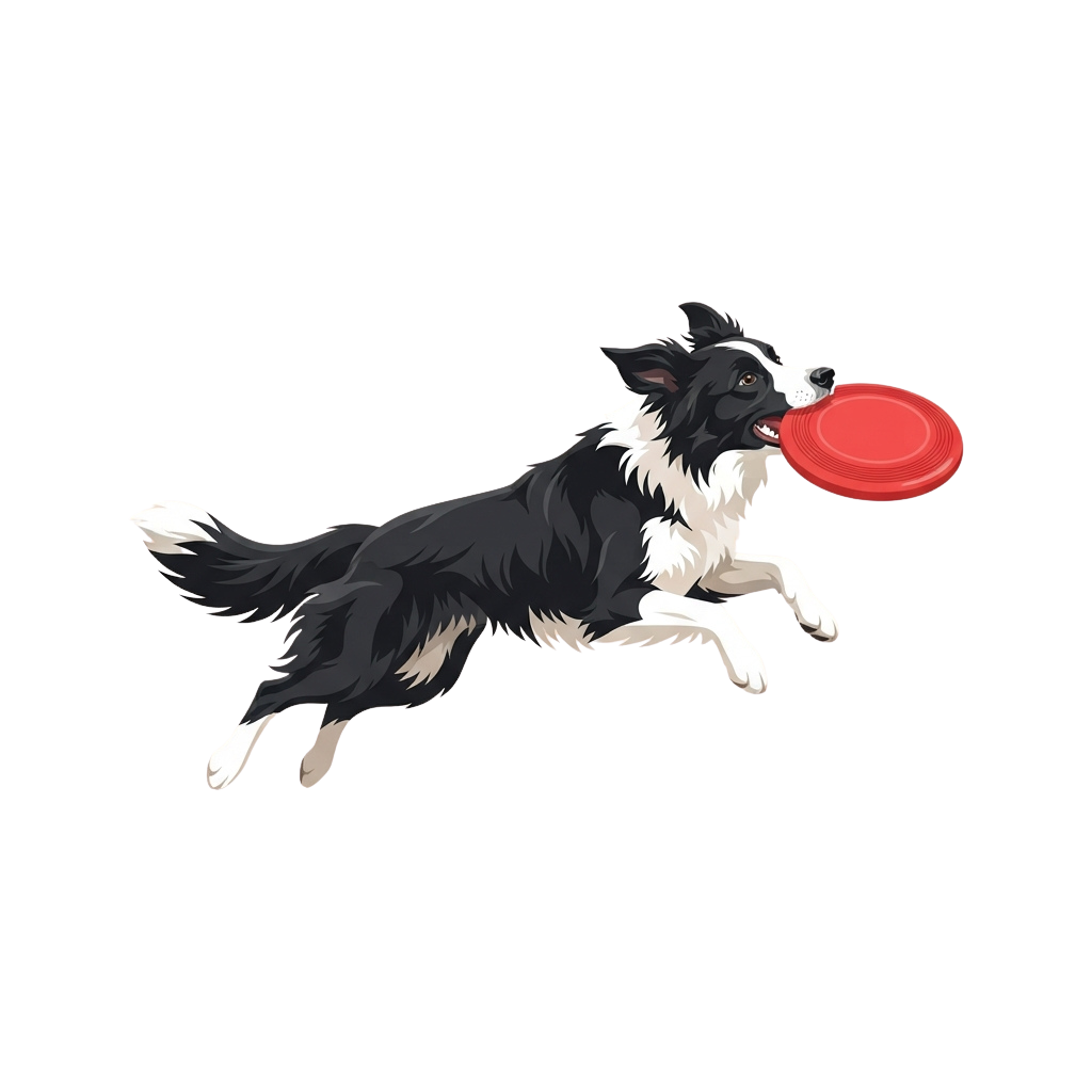 A Border Collie dog leaping in the air to catch a red frisbee in its mouth