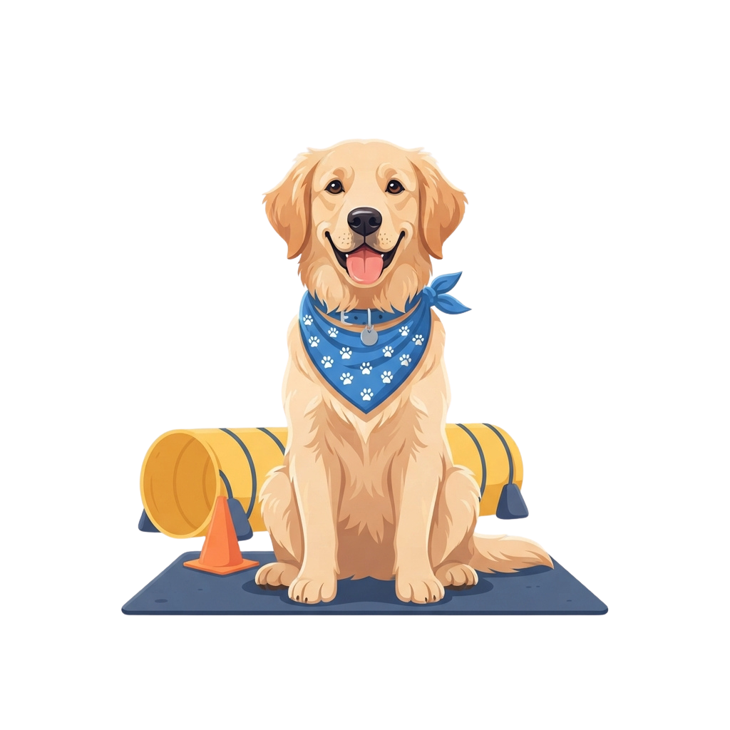 Golden Retriever sitting on a mat with training equipment, wearing a blue bandana with paw prints