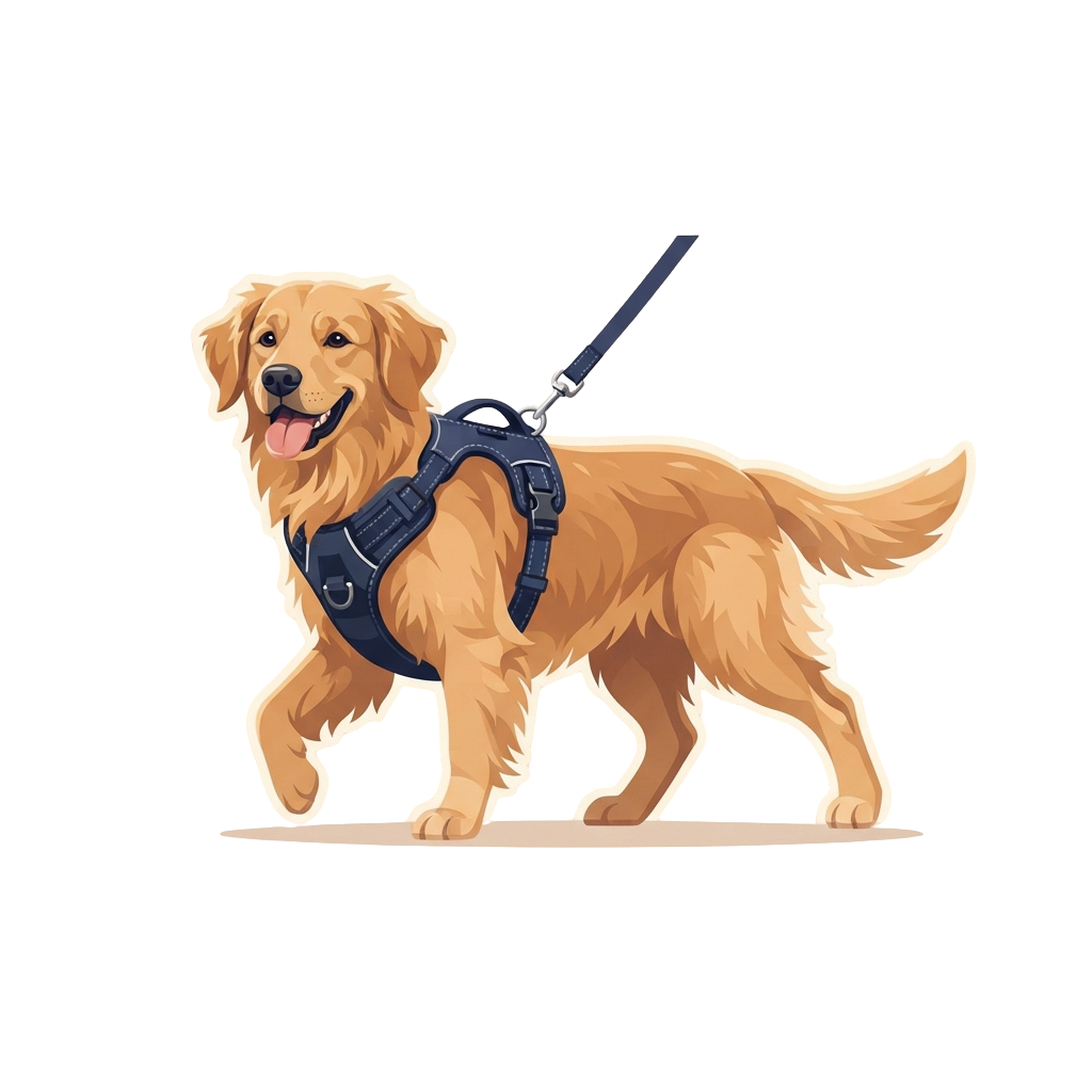 A smiling golden retriever wearing a harness and leash, walking on a flat surface