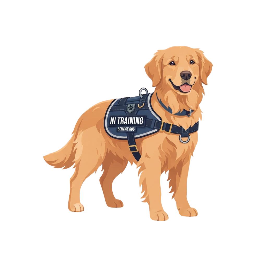 A smiling golden retriever wearing an in-training service dog harness with a paw print logo