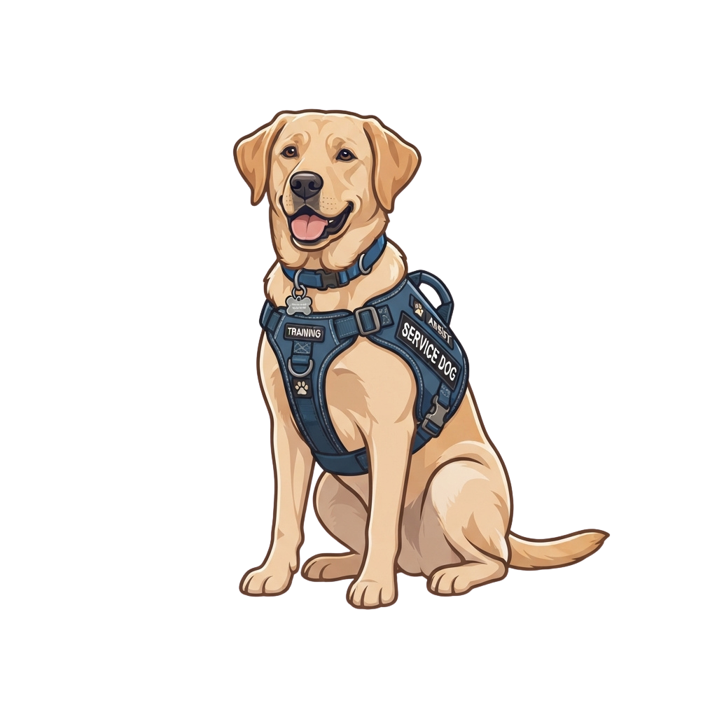 A smiling light brown Labrador wearing a blue service dog training harness with labels for training and service dog