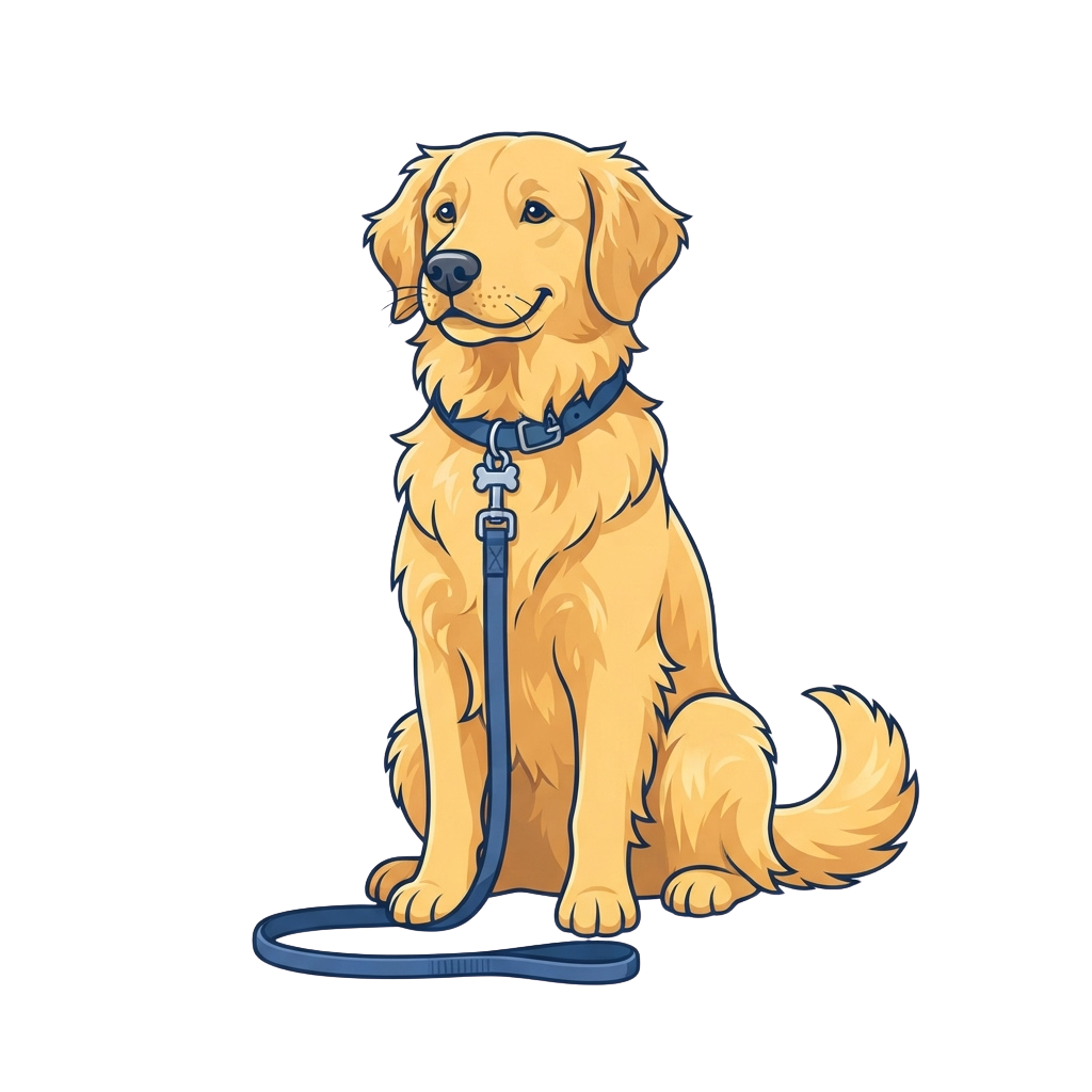 A cheerful golden retriever dog sitting on a leash with a blue collar and harness