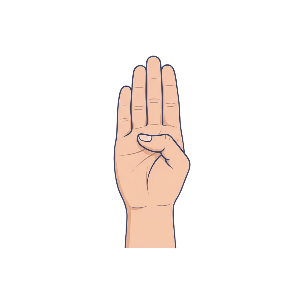 Hand making a peace sign with three fingers curved and thumb extended