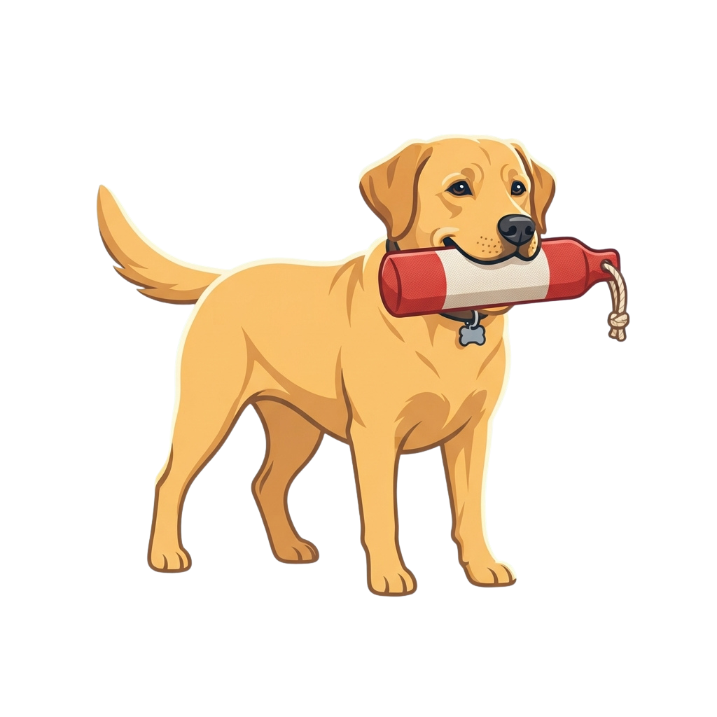 A cheerful golden Labrador dog holding a red plush toy in its mouth