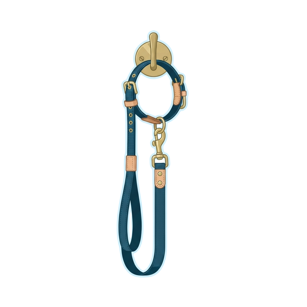 A dark blue leather dog harness with a metal ring attachment and adjustable straps.