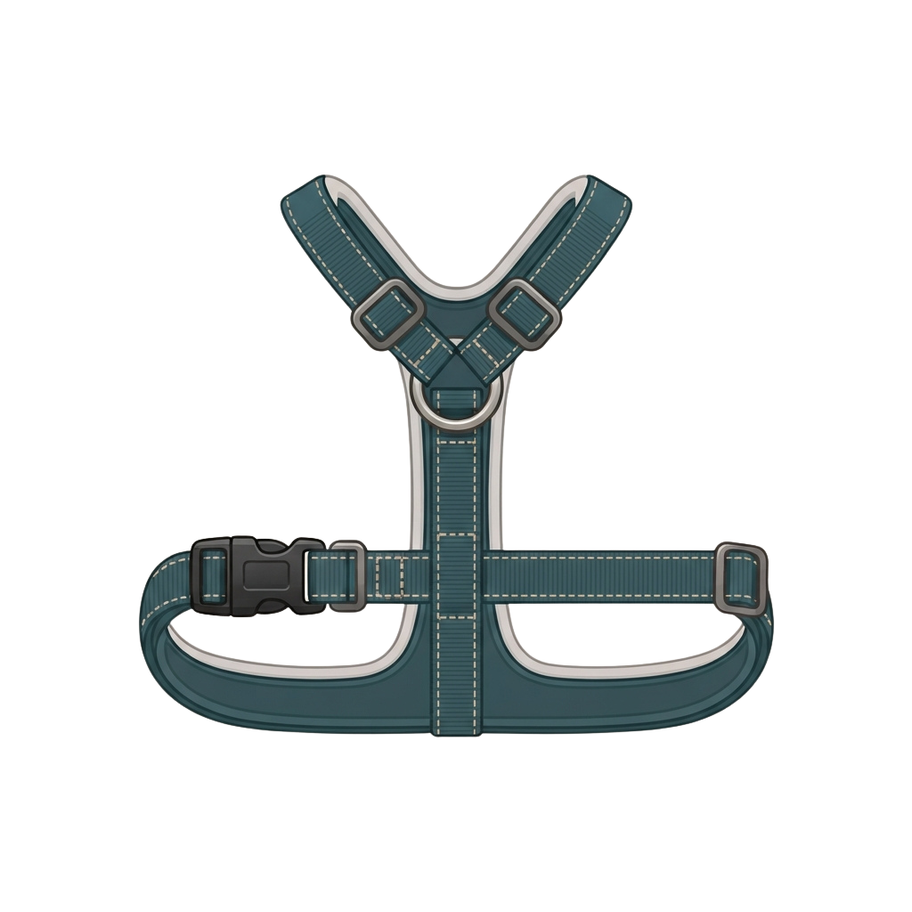 A teal blue dog harness with adjustable straps and buckles for secure fit