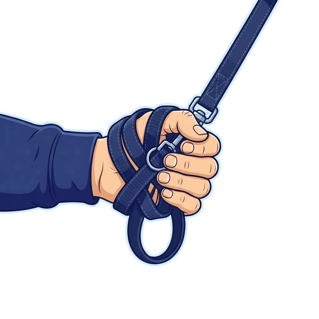 A hand gripping a climbing rope attached to a carabiner with a locking mechanism.