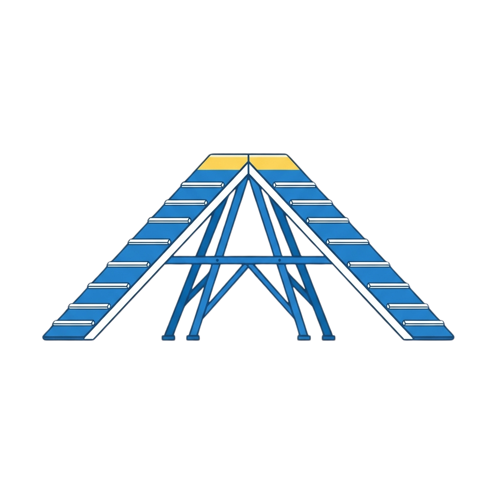 A stylized geometric pyramid with blue steps and white supporting beams against a black background