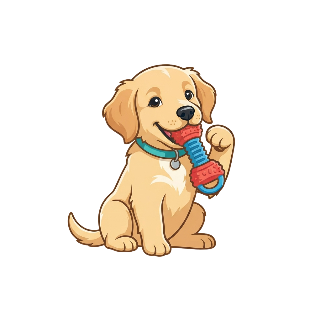 Happy golden puppy sitting and holding a red and blue chew toy with a turquoise collar