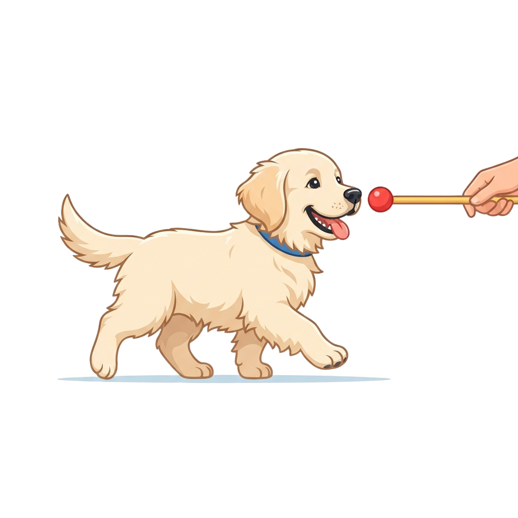 A cheerful golden puppy with a blue collar chasing a red ball on a stick held by a hand
