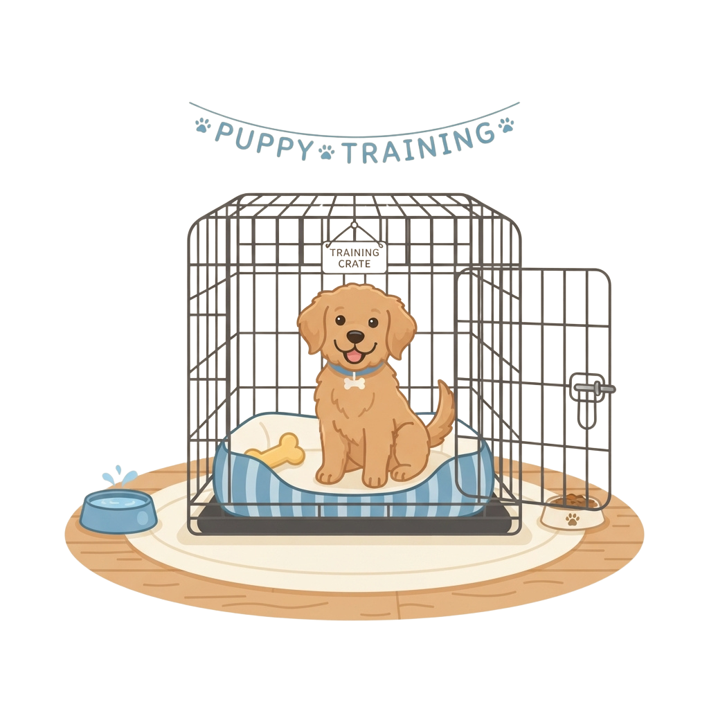 Golden puppy sitting on a bed inside a metal dog crate with a training banner above