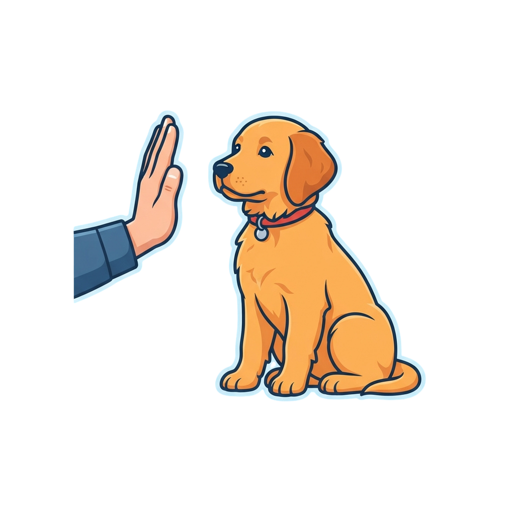 Illustration of a sitting puppy giving a high-five with a human hand