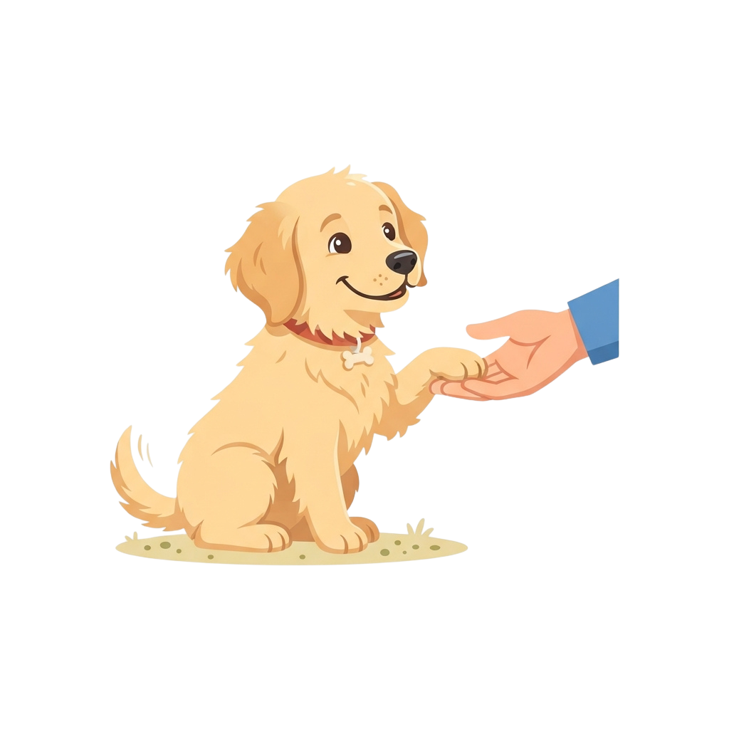 A smiling golden retriever puppy sitting and giving a paw to a hand for a high five