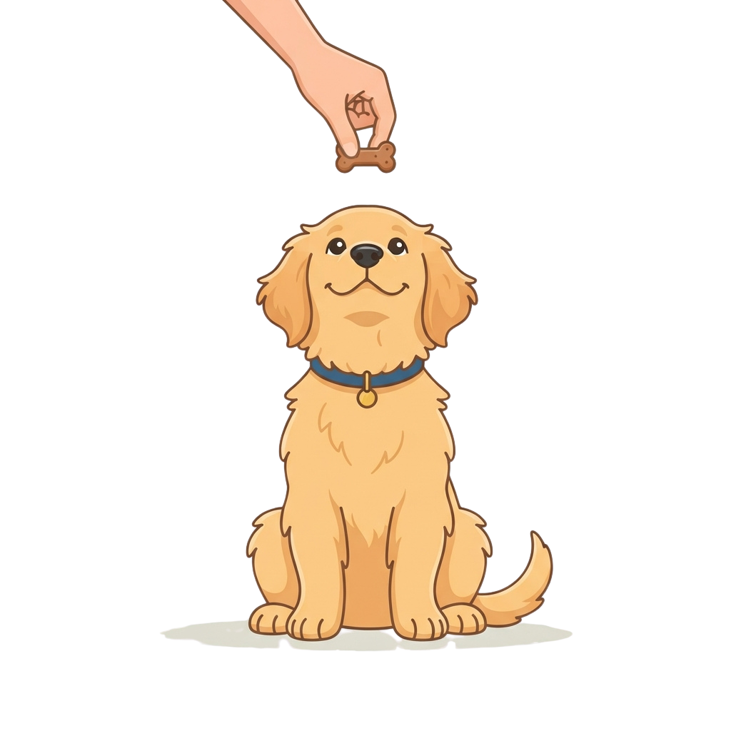 A cute cartoon golden retriever puppy sitting and looking up at a hand offering a treat