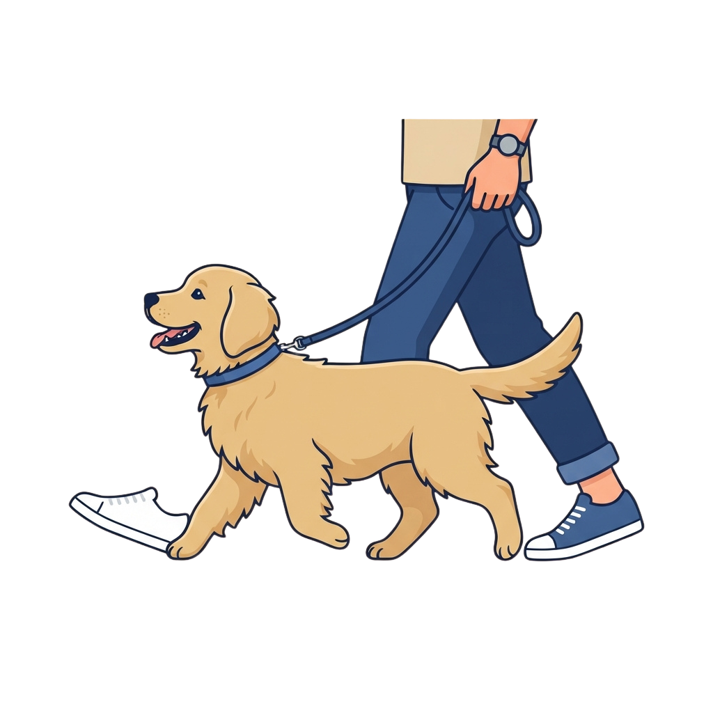 A person walking a happy golden retriever dog on a leash