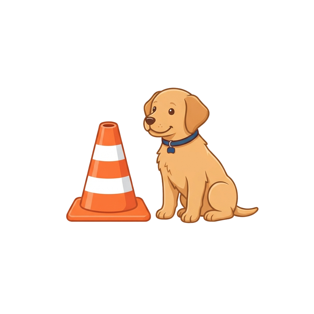 A cheerful golden puppy sitting beside an orange and white striped traffic cone