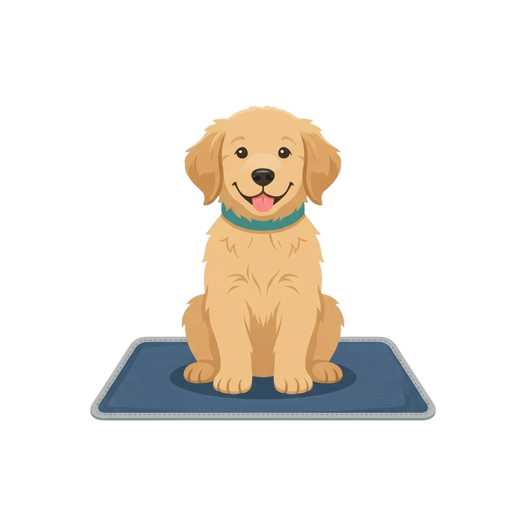 A cheerful golden retriever puppy sitting on a tablet with a teal collar