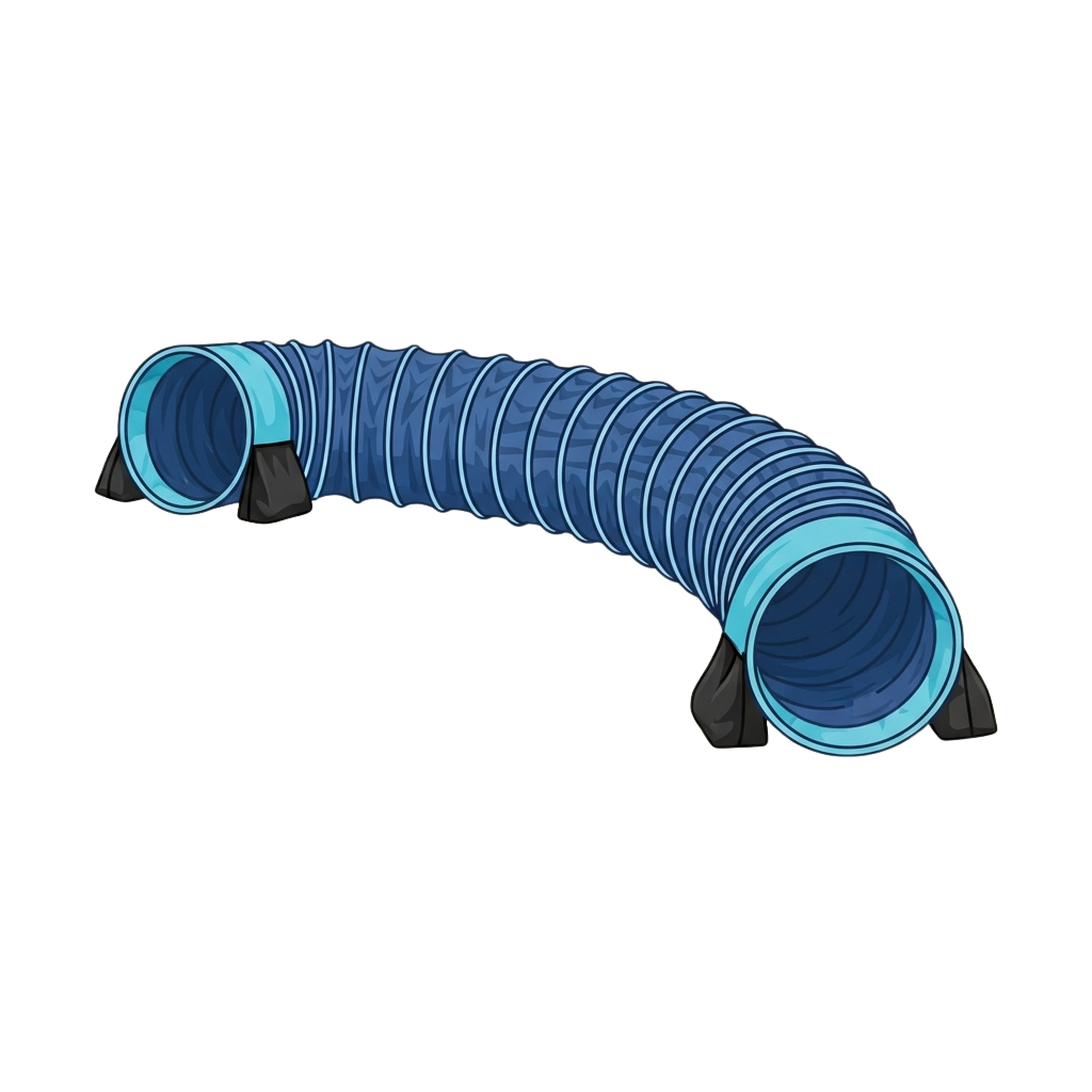 A flexible blue corrugated tunnel hose with reinforced ends against a black background