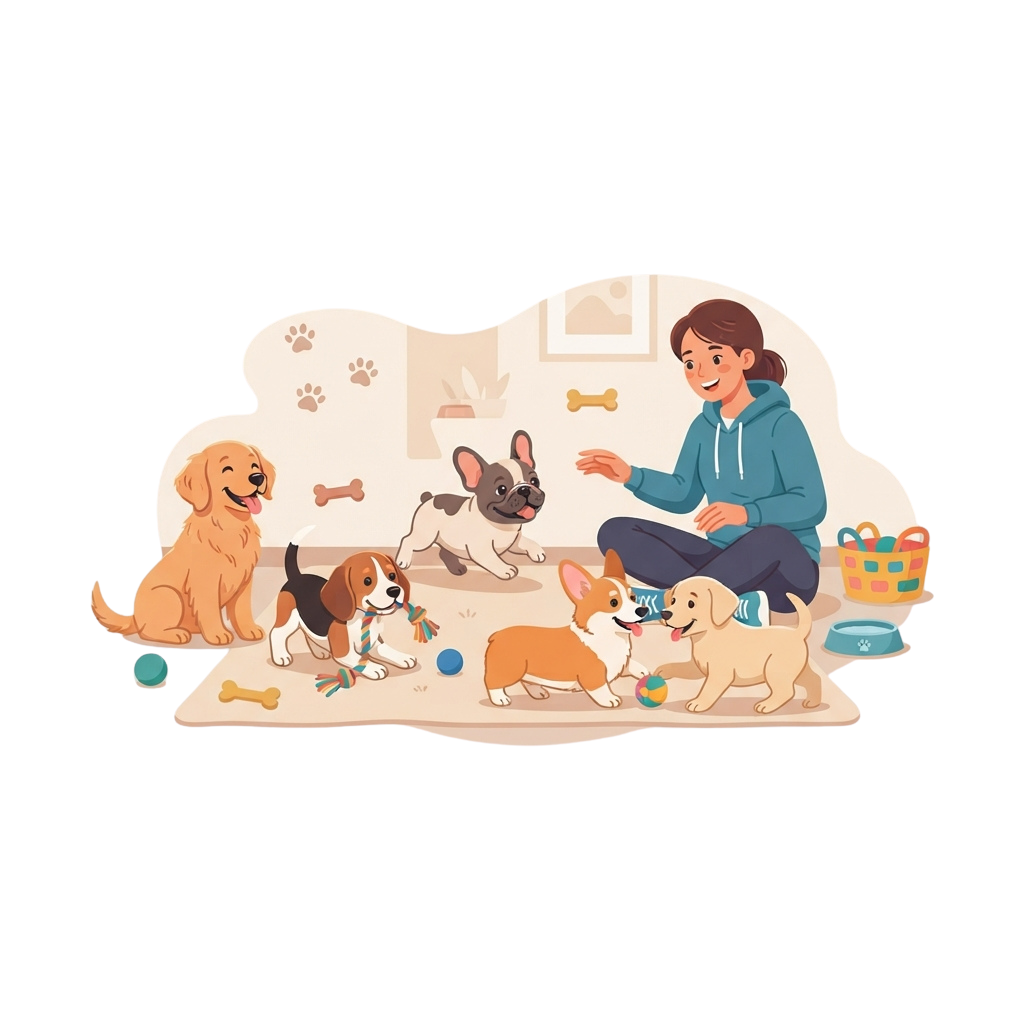 Woman sitting on floor playing with five puppies of different breeds in a cozy living room.