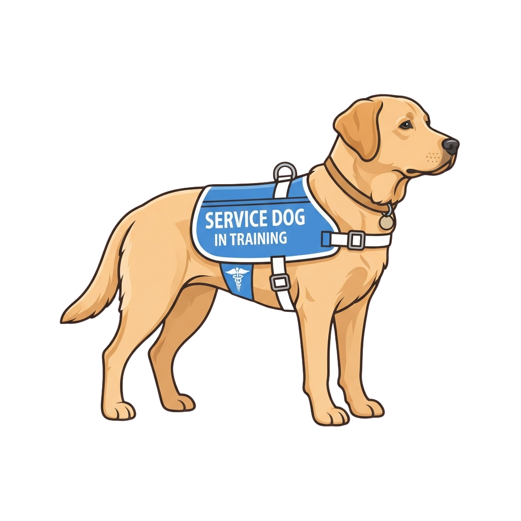 Illustration of a light brown Labrador wearing a blue service dog vest labeled Service Dog in Training