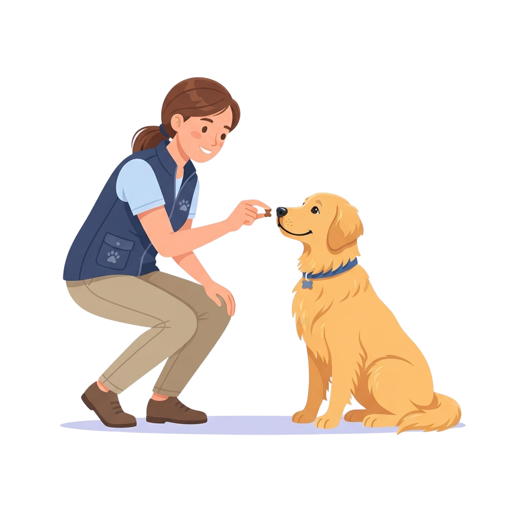 A person kneeling and training a golden retriever dog with a treat