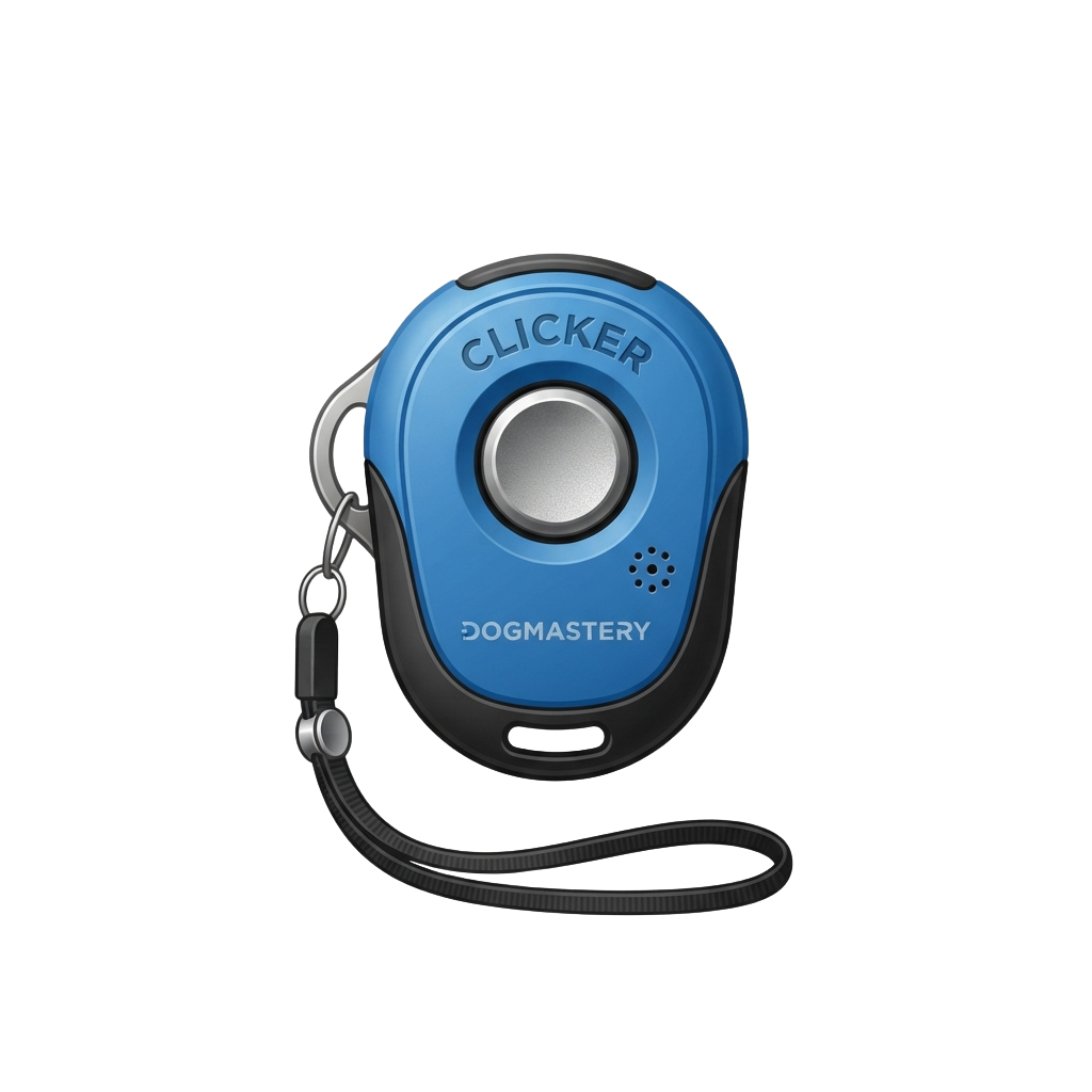 Blue dog training clicker with a wrist strap and carabiner attachment