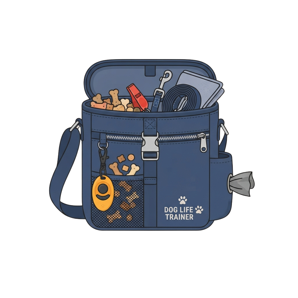 Illustration of a blue dog training bag containing treats, leash, and poop bags