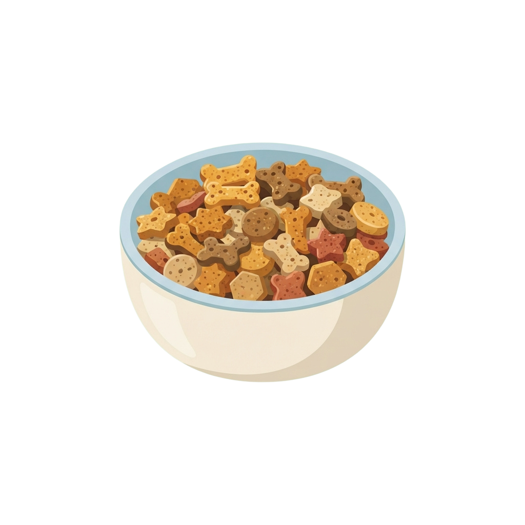 A white bowl with blue rim filled with various shaped dog treats