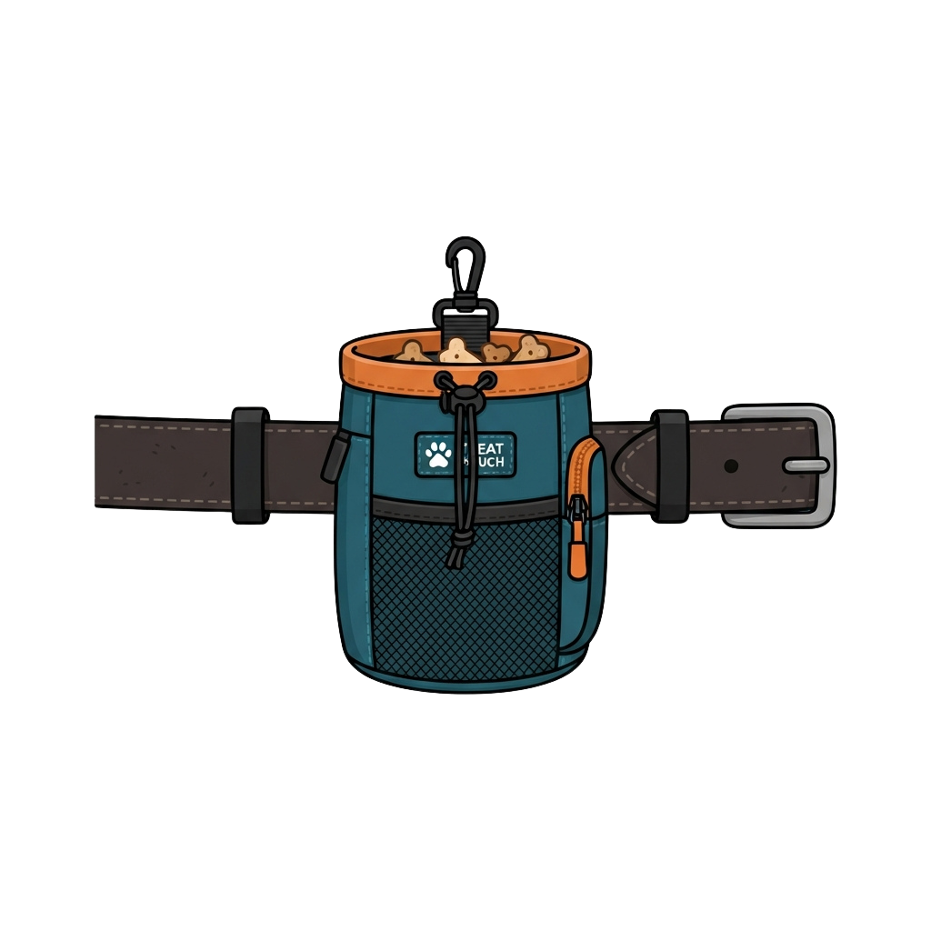 Illustration of a pet food pouch attached to a belt with a dog silhouette visible inside the pouch