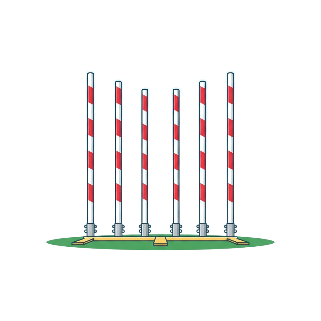 Five vertical road barriers with red and white reflective stripes on a green base plate setup.