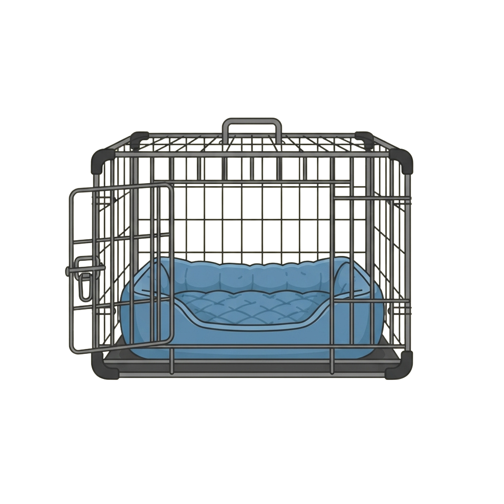 Metal pet carrier featuring a blue cushioned base inside a wire frame structure
