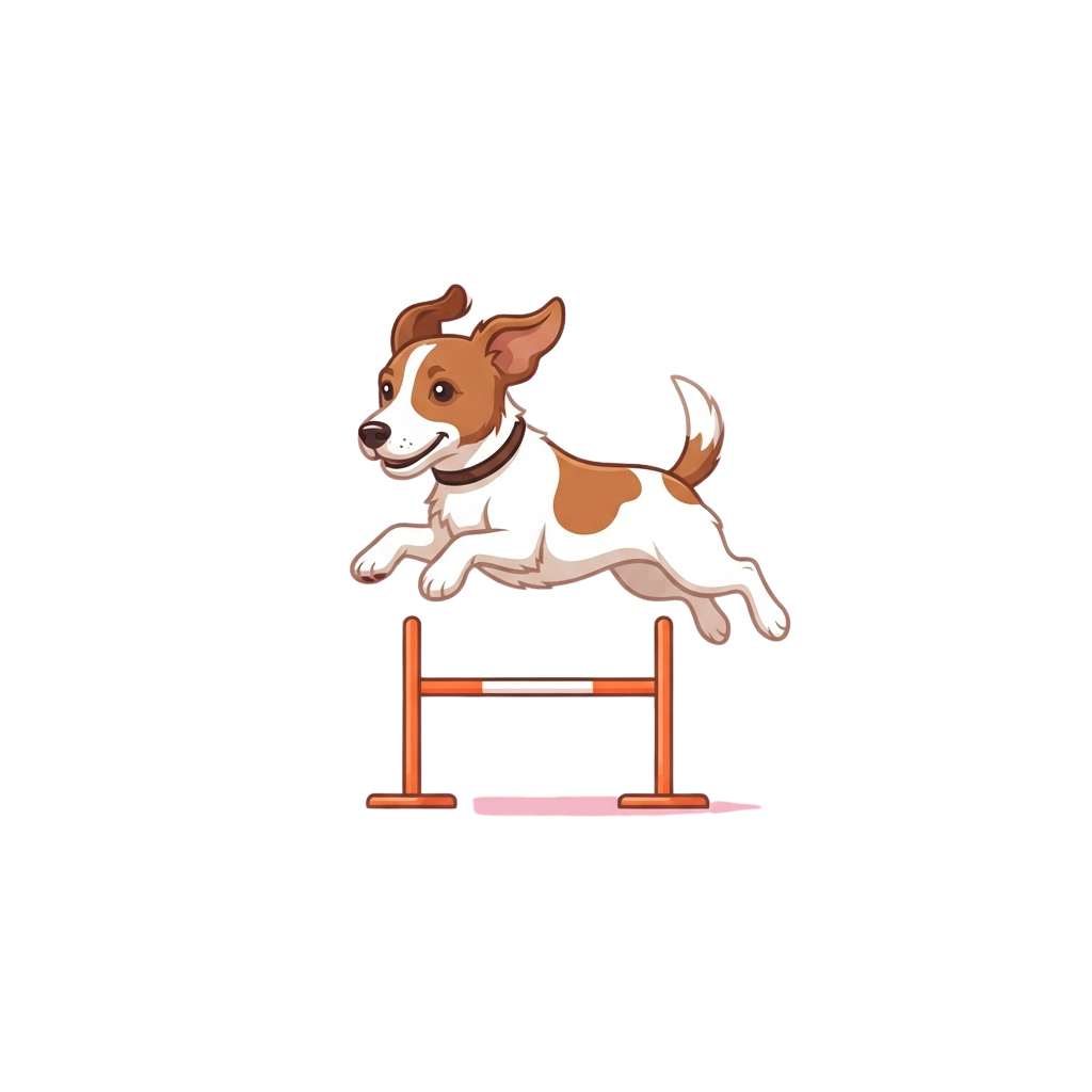 A cartoon puppy mid-jump over a wooden hurdle on a black background