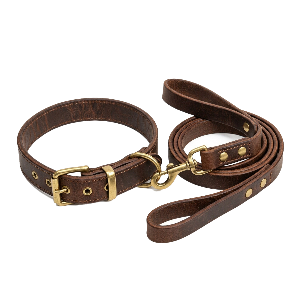 Brown leather dog collar and matching leash with brass buckles and D-ring