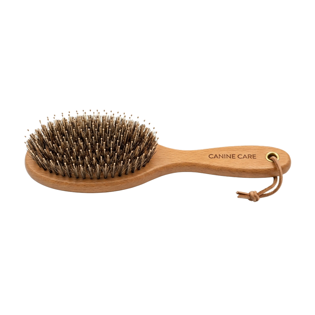 A wooden-handled brush with natural bristles for grooming pets, labeled Canine Care.