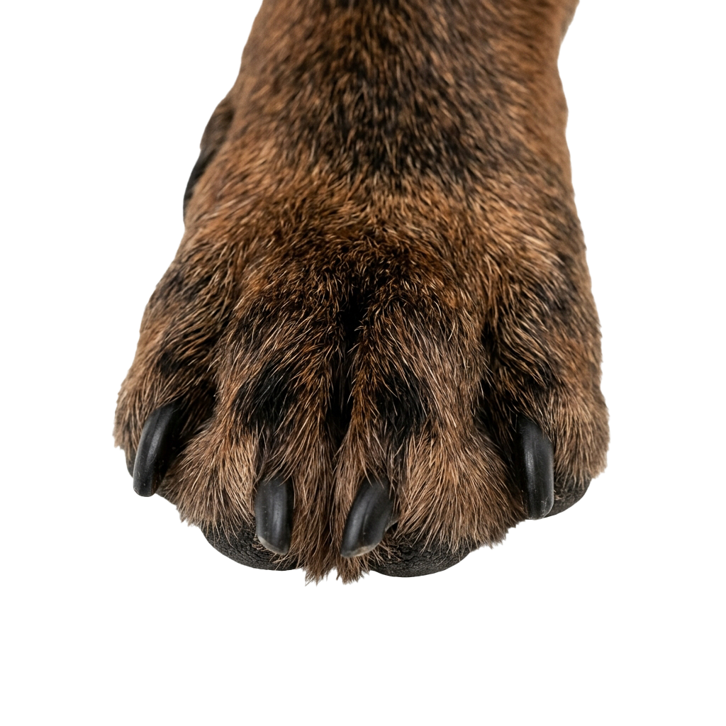 A close-up image of a brown bear paw with five visible claws.