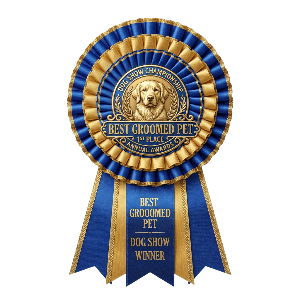 Blue and gold ribbon award for best groomed pet at a dog show with a golden retriever illustration