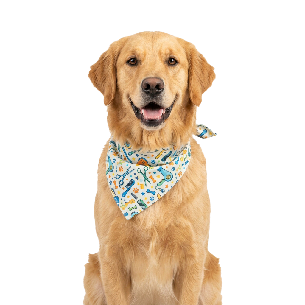 Golden Retriever dog sitting and smiling, wearing a colorful bandana with tool illustrations.