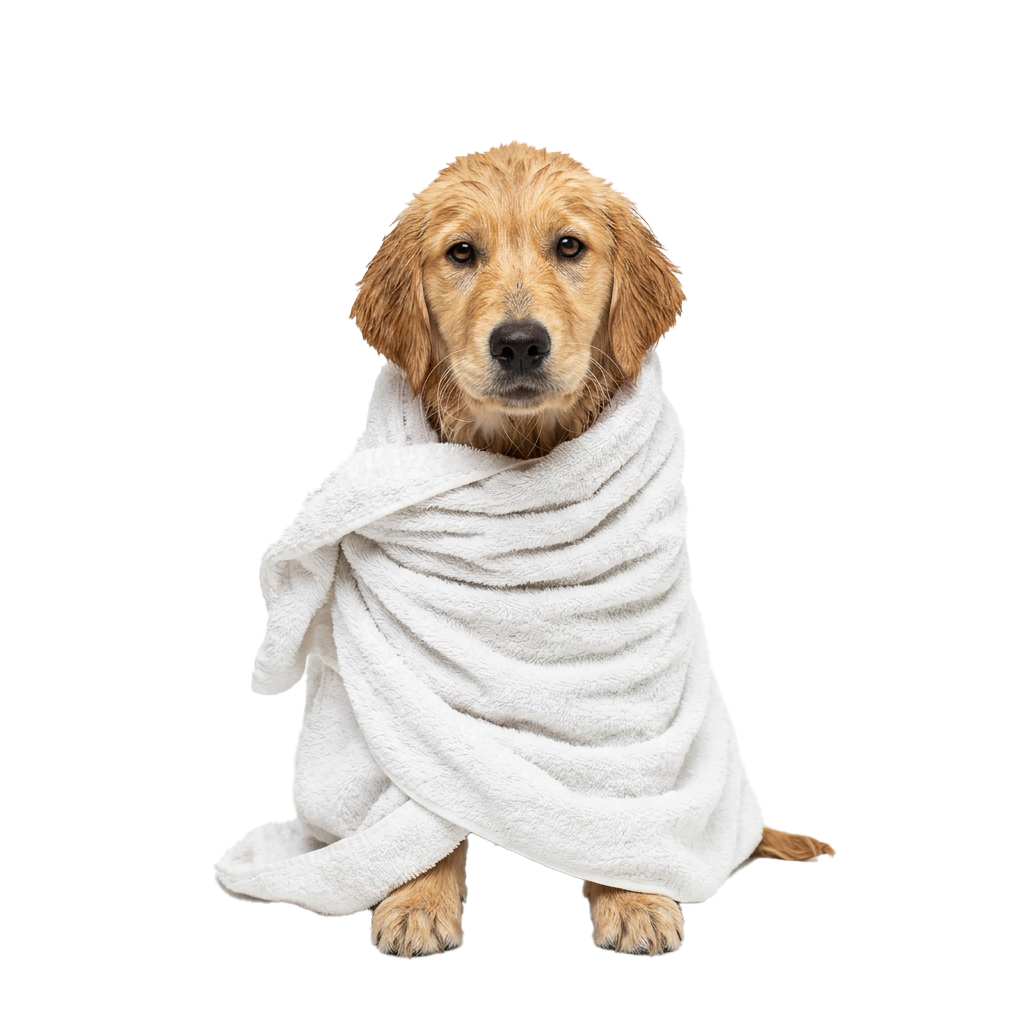 Golden Retriever puppy sitting wrapped in a white towel against a black background