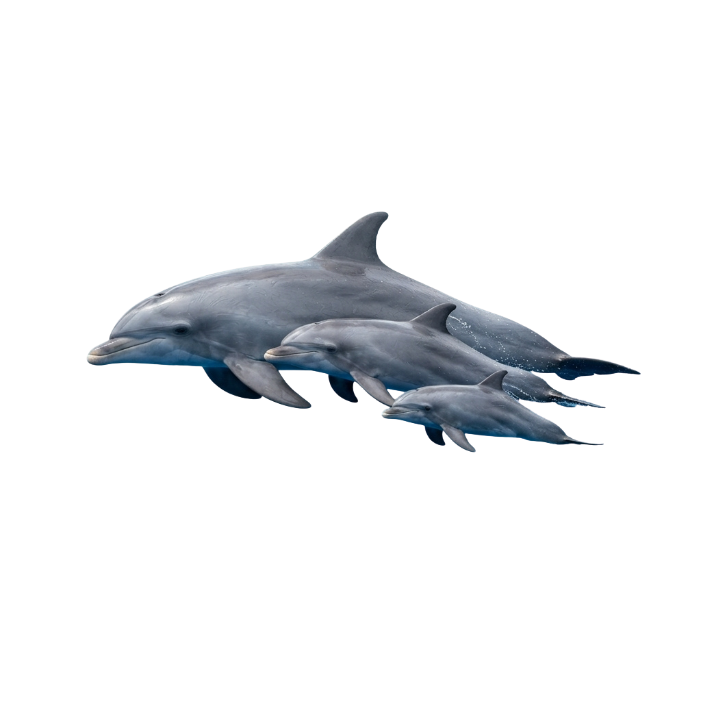 Three dolphins swimming side by side in the ocean