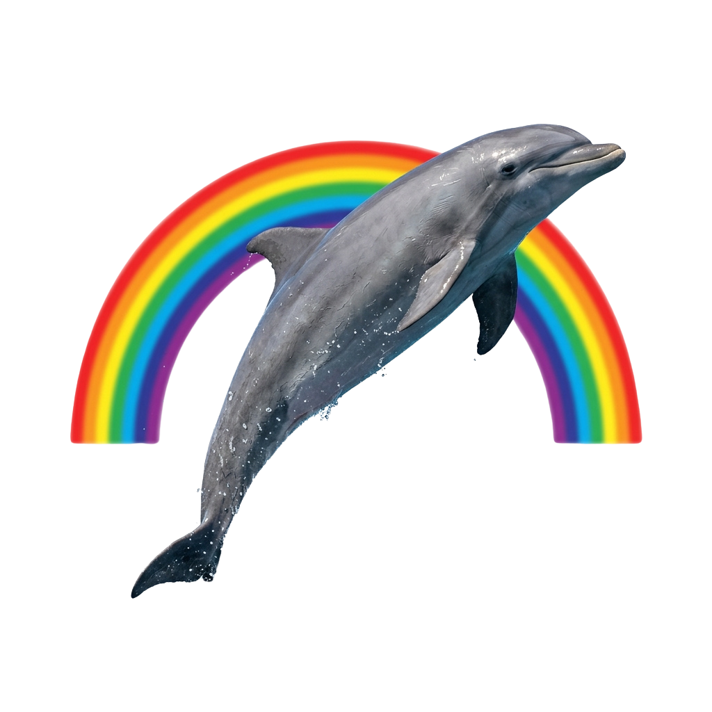 A whale jumping with two rainbow arcs framing its body against a dark background
